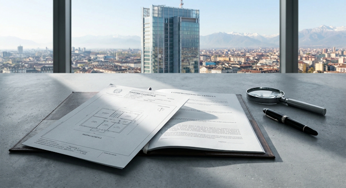 Una piantina catastale e un contratto preliminare aperti su un tavolo grigio con una lente d'ingrandimento, a simboleggiare la verifica della destinazione d'uso e della buona fede contrattuale.