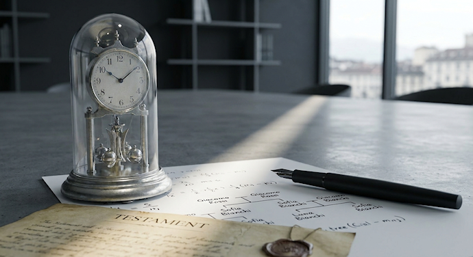 Un antico orologio a pendolo sotto una campana di vetro appoggiato su diagrammi ad albero genealogico con formule matematiche, una penna stilografica e un testamento olografo d'epoca su un tavolo grigio, a simboleggiare lo studio della prescrizione e il calcolo delle quote nell'azione di riduzione.