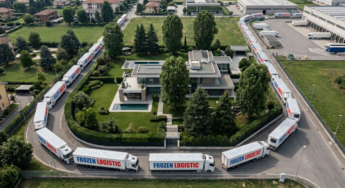 Veduta dall'alto di una villetta residenziale con giardino alberato, interamente circondata lungo il perimetro da camion industriali e TIR in attesa, a simboleggiare l'accerchiamento e l'inquinamento acustico accertato ex art. 696-bis c.p.c.