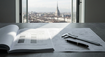 Una relazione geologica aperta con una planimetria di cantiere e un calibro in acciaio su un tavolo grigio, a simboleggiare l'accertamento della titolarità del contratto d'opera professionale.