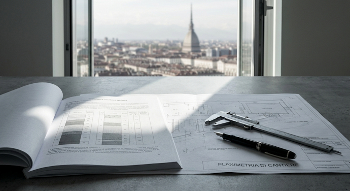 Una relazione geologica aperta con una planimetria di cantiere e un calibro in acciaio su un tavolo grigio, a simboleggiare l'accertamento della titolarità del contratto d'opera professionale.