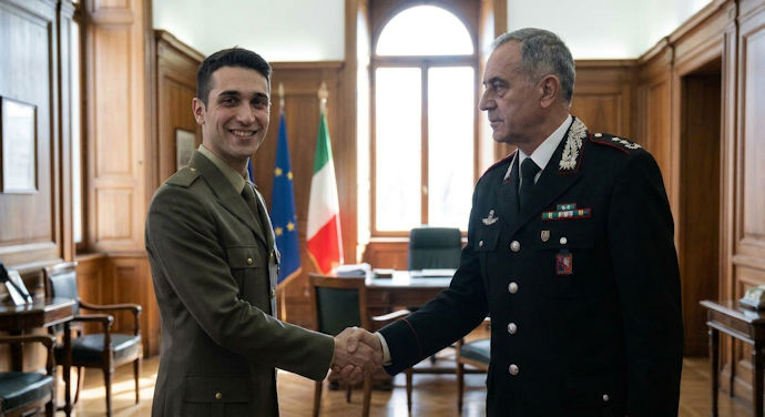 Un giovane soldato dell'Esercito Italiano con tratti mediterranei e un sorriso simpatico stringe la mano a un Colonnello dei Carabinieri in uniforme, a simboleggiare il riconoscimento del merito e il riscatto ottenuto tramite il ricorso al TAR.