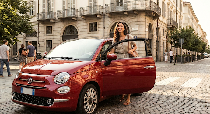 Una giovane donna solare mentre sale sulla sua nuova Fiat 500 rossa in una giornata di sole a Torino, a simboleggiare l'autosufficienza e l'integrità della vittima prima del danno medico.