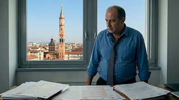 Imprenditore nel proprio ufficio osserva con rassegnazione modelli F24 e comunicazioni dell'Agenzia delle Entrate adagiati sulla scrivania; sullo sfondo, attraverso un'ampia finestra, si staglia il panorama di Torino con il campanile della Chiesa di Santa Zita.