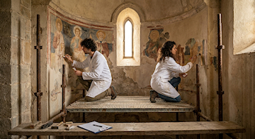 Fotografia cinematografica dell'interno dell'abside di una chiesa del 1400 con affreschi rovinati, dove due giovani e bei restauratori in camice bianco lavorano su un ponteggio arrugginito alla base, a simboleggiare la gestione dei rischi nei cantieri e i modelli di sicurezza sul lavoro.