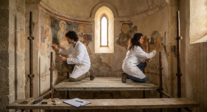 Fotografia cinematografica dell'interno dell'abside di una chiesa del 1400 con affreschi rovinati, dove due giovani e bei restauratori in camice bianco lavorano su un ponteggio arrugginito alla base, a simboleggiare la gestione dei rischi nei cantieri e i modelli di sicurezza sul lavoro.