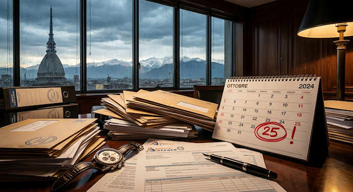 Scatto fotografico drammatico di una scrivania invasa da cartelle esattoriali e documenti di pignoramento, con un calendario in primo piano che mostra una scadenza cerchiata in rosso con un punto esclamativo; sullo sfondo, attraverso le vetrate dell'ufficio, si staglia lo skyline di Torino con la Mole Antonelliana.