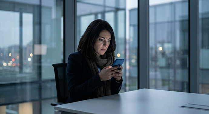 Una professionista esamina lo schermo del proprio smartphone con espressione preoccupata all'interno di un ufficio a Torino, a indicare la gravità dei reati legati alla reputazione digitale.